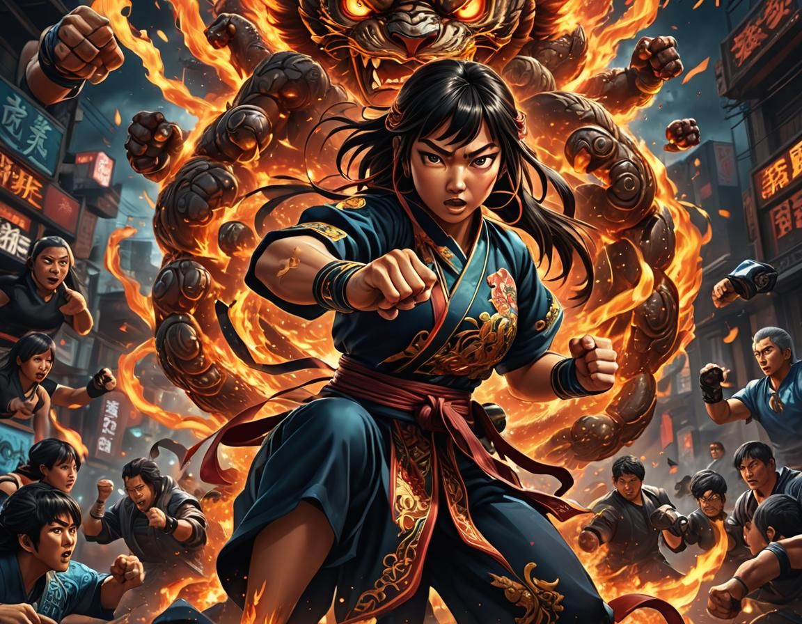 Anime Martial Arts Woman in Fiery 3D Movie Poster