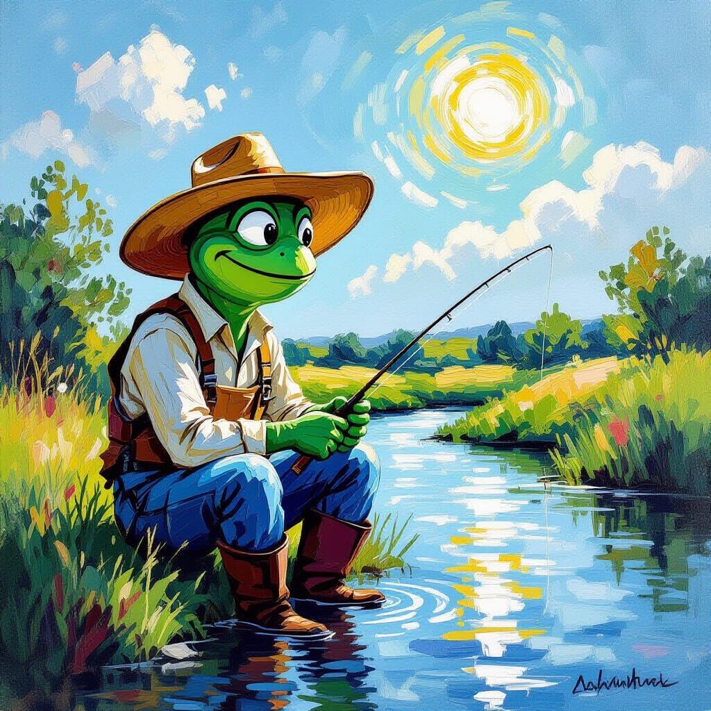 Smiling Nightcrawler Fishes for Trout on Sunny Creek Bank