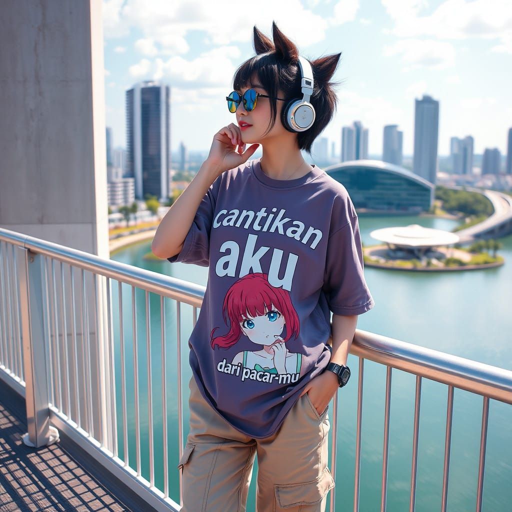 Modern Korean Woman with Wolf-Cut Hair and Headphones, Stand...
