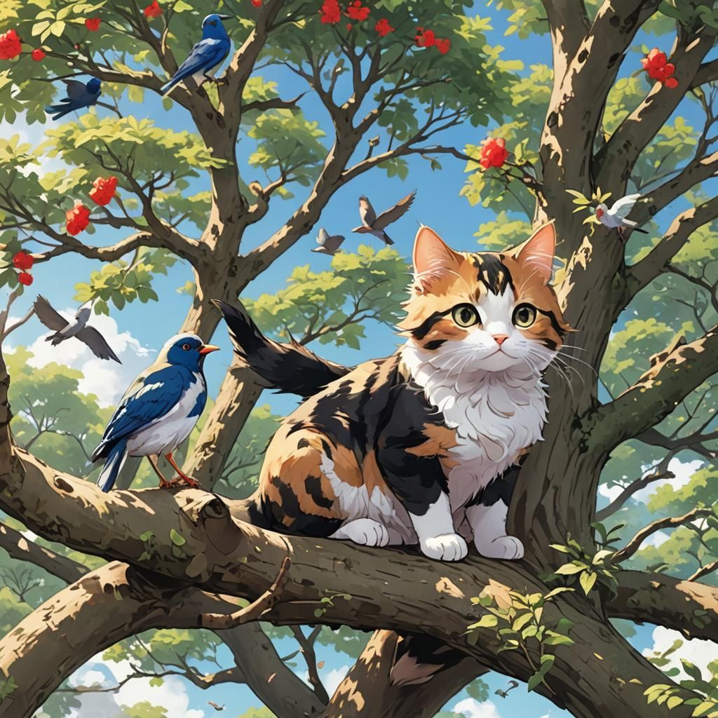 Tricolor Cat and Bird in Anime Style