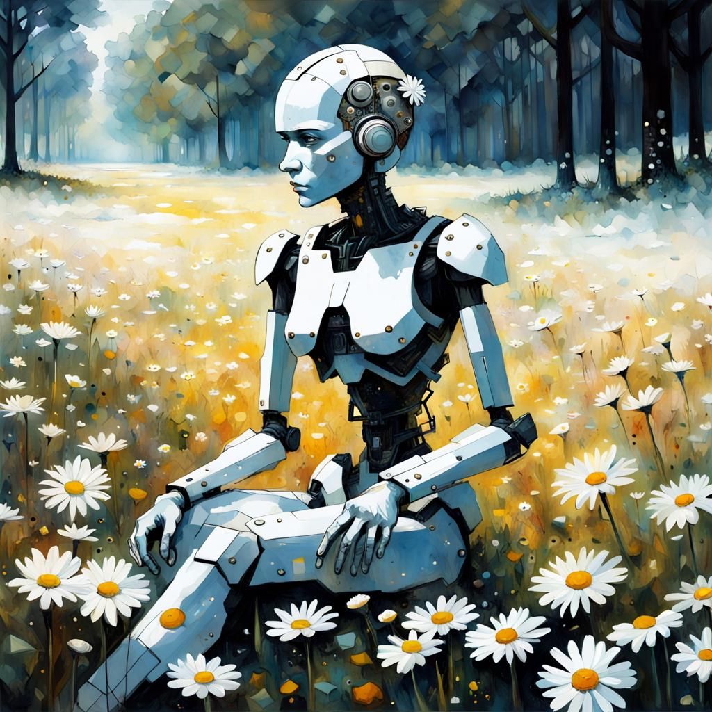 Cyborg and Daisy Fairy in White Meadow