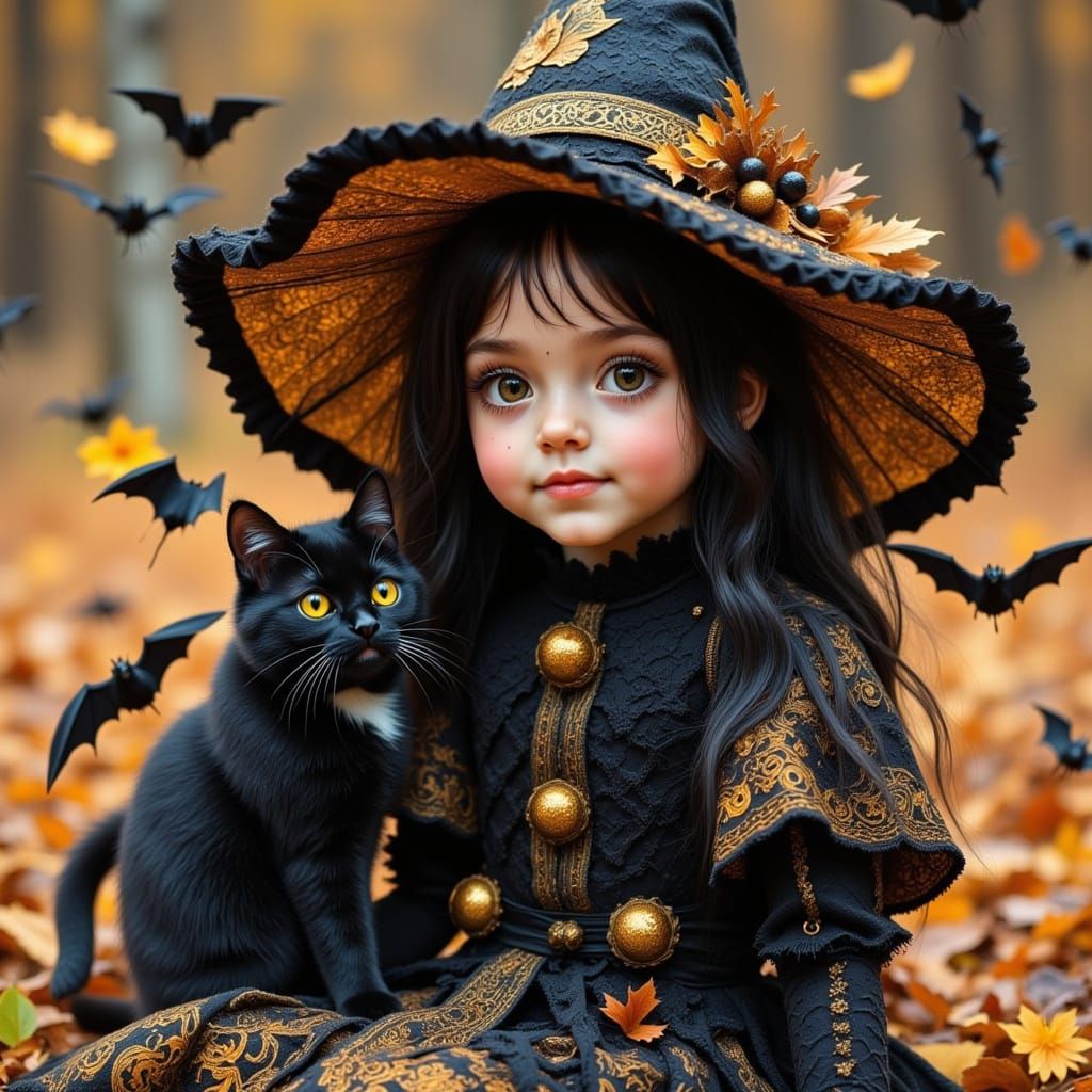 Witch Girl With Black Cat In Halloween Costume