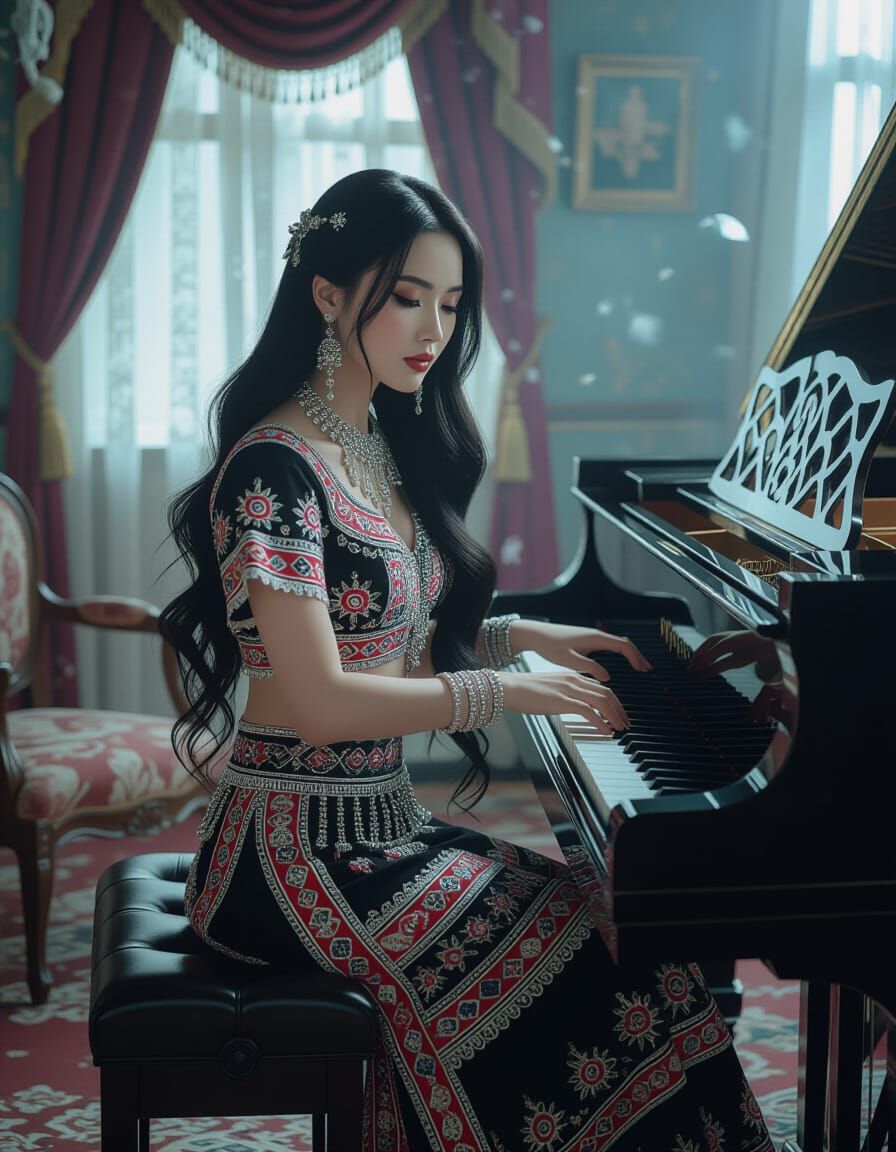 Hmong Woman Plays Piano in Tilted Room, Hyperrealism