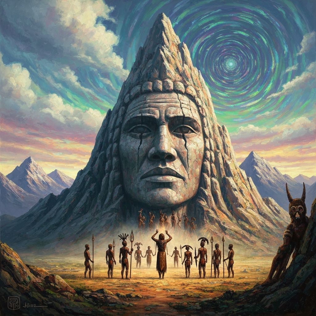 Ancient Mountain Face Ritual in Impasto Oil Painting Style