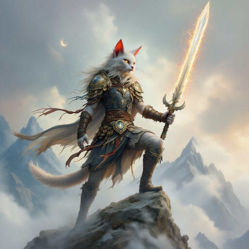 Fierce Feline Elf Warrior on Misty Peak