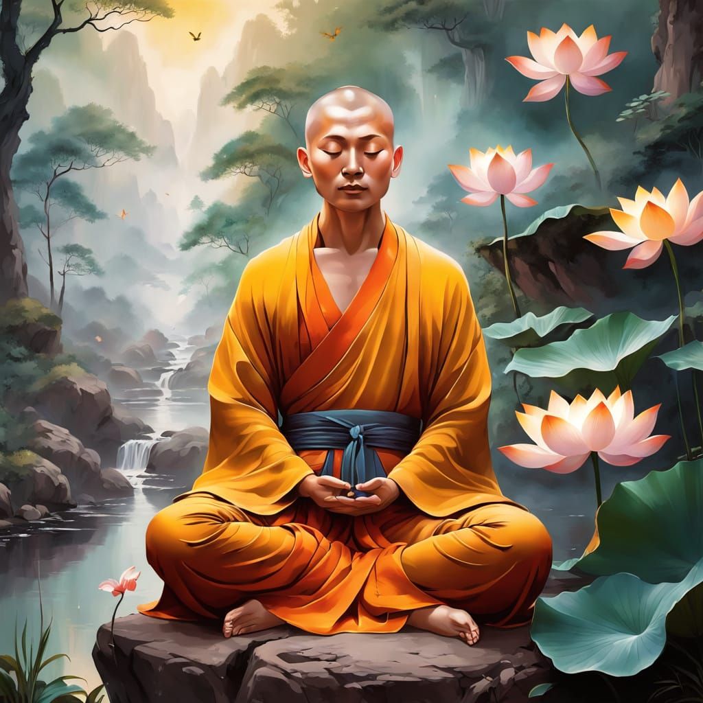 Serene Monk in Lush Forest, Oil Painting Style