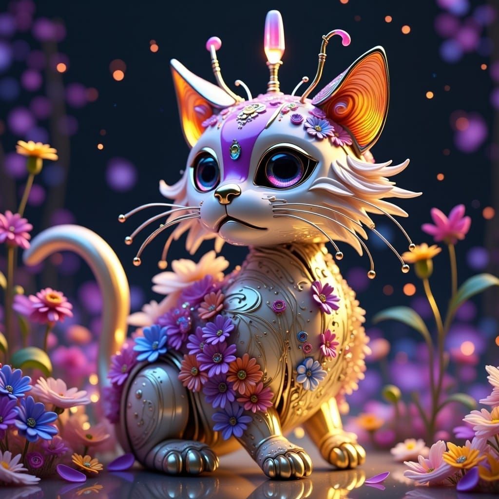 Whimsical Robot Kitten with Oil-Slick Finish and Iridescent....