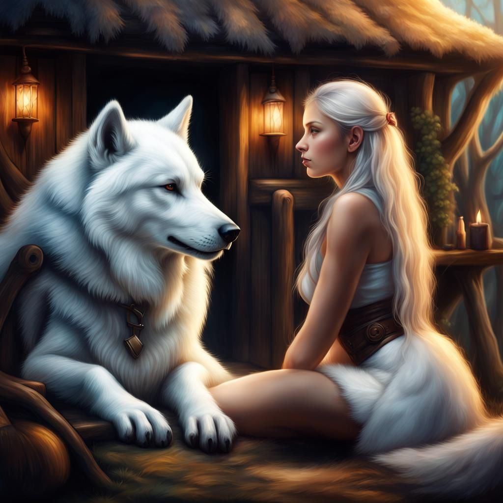 White Dire Wolf and Girl in Cottage, Airbrush Art