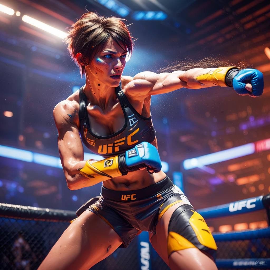 Tracer UFC Fighter in Intense Neon-Lit Octagon Battle