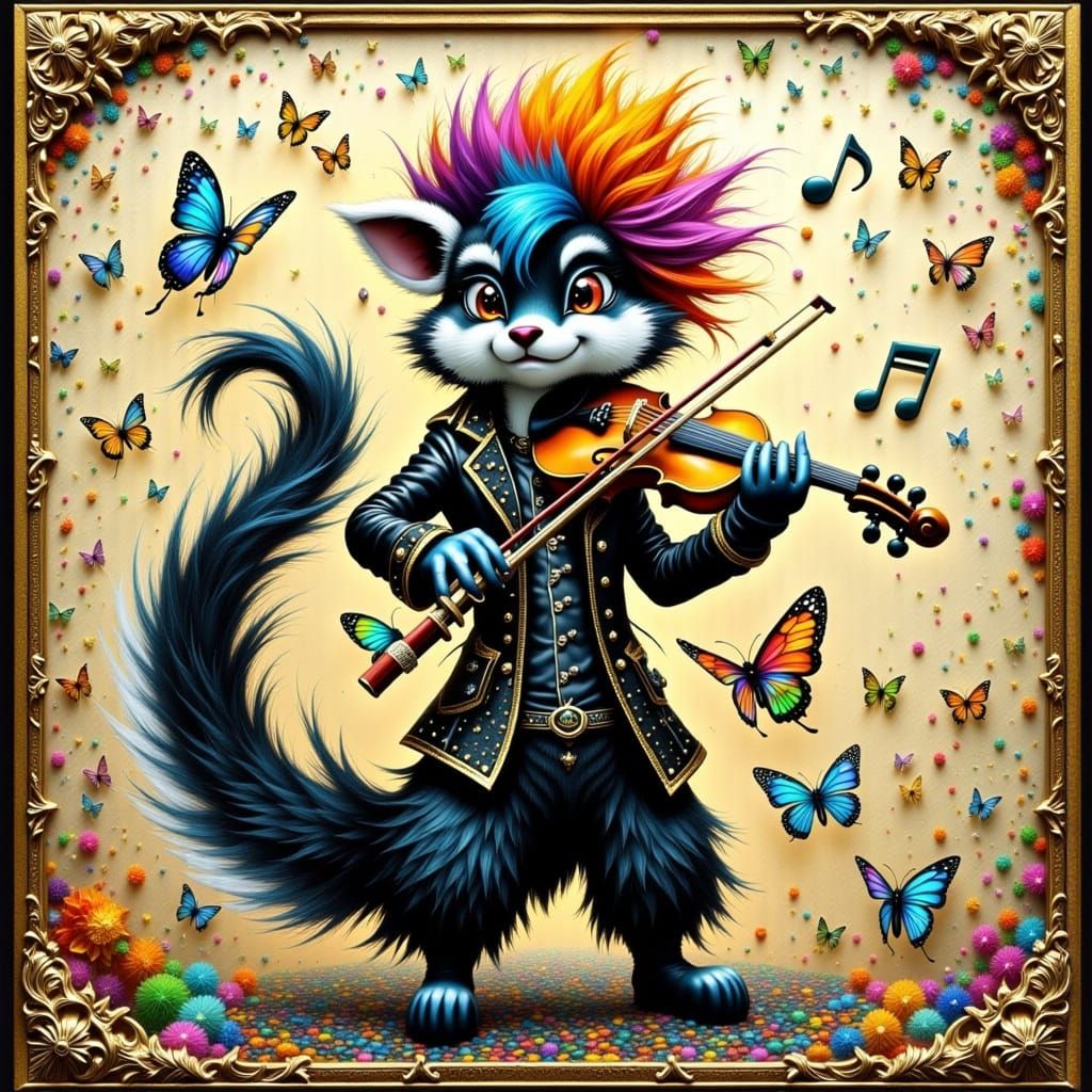 Punk Skunk Violinist with Rainbow Mohawk Wig