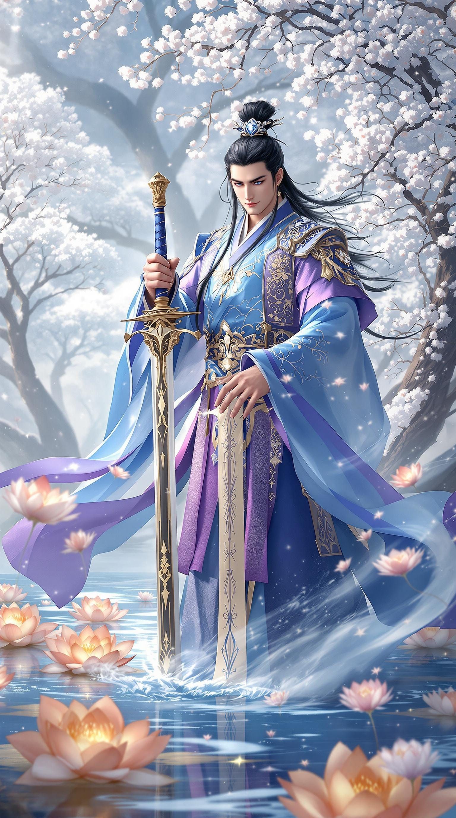 Dashing Hero in Regal Hanfu, Amidst Golden Lotus and Snowy T...