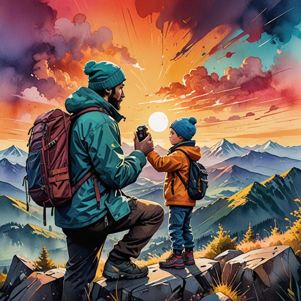 Father and Son Share Mountain Sunset, Mixed Media