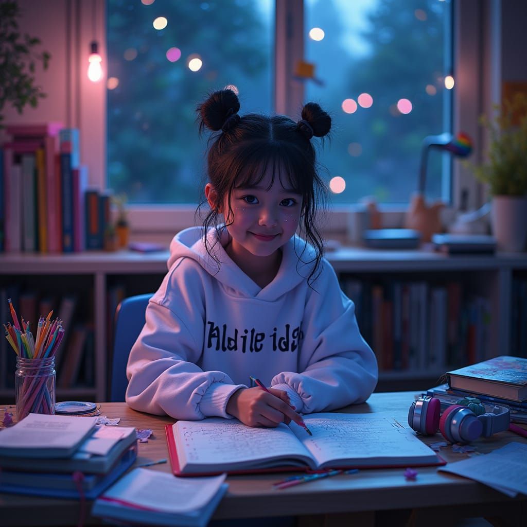 Teen Girl Studying Late at Night, Loish Style
