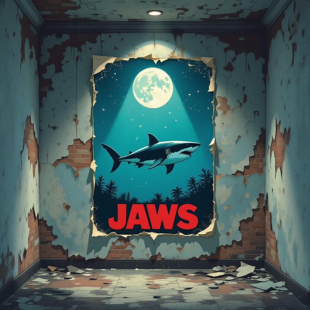 Jaws Poster in Abandoned Room, Film Noir Style