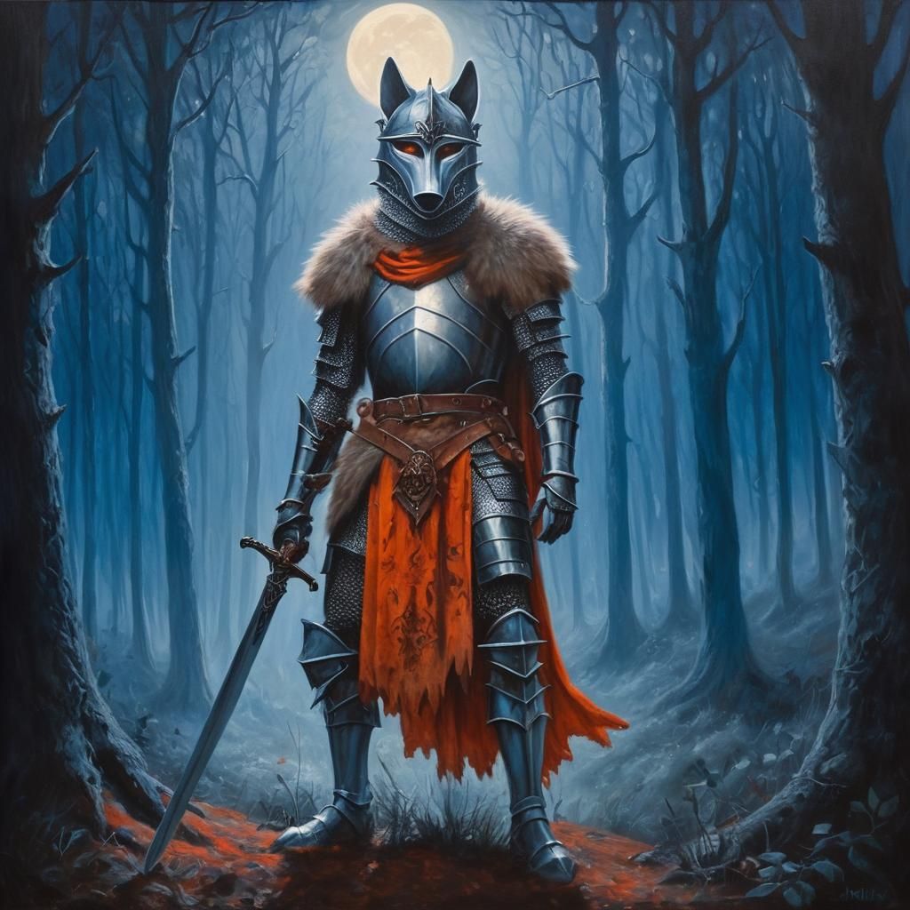 Mystical Knight in Indigo Forest: Surreal Oil Painting