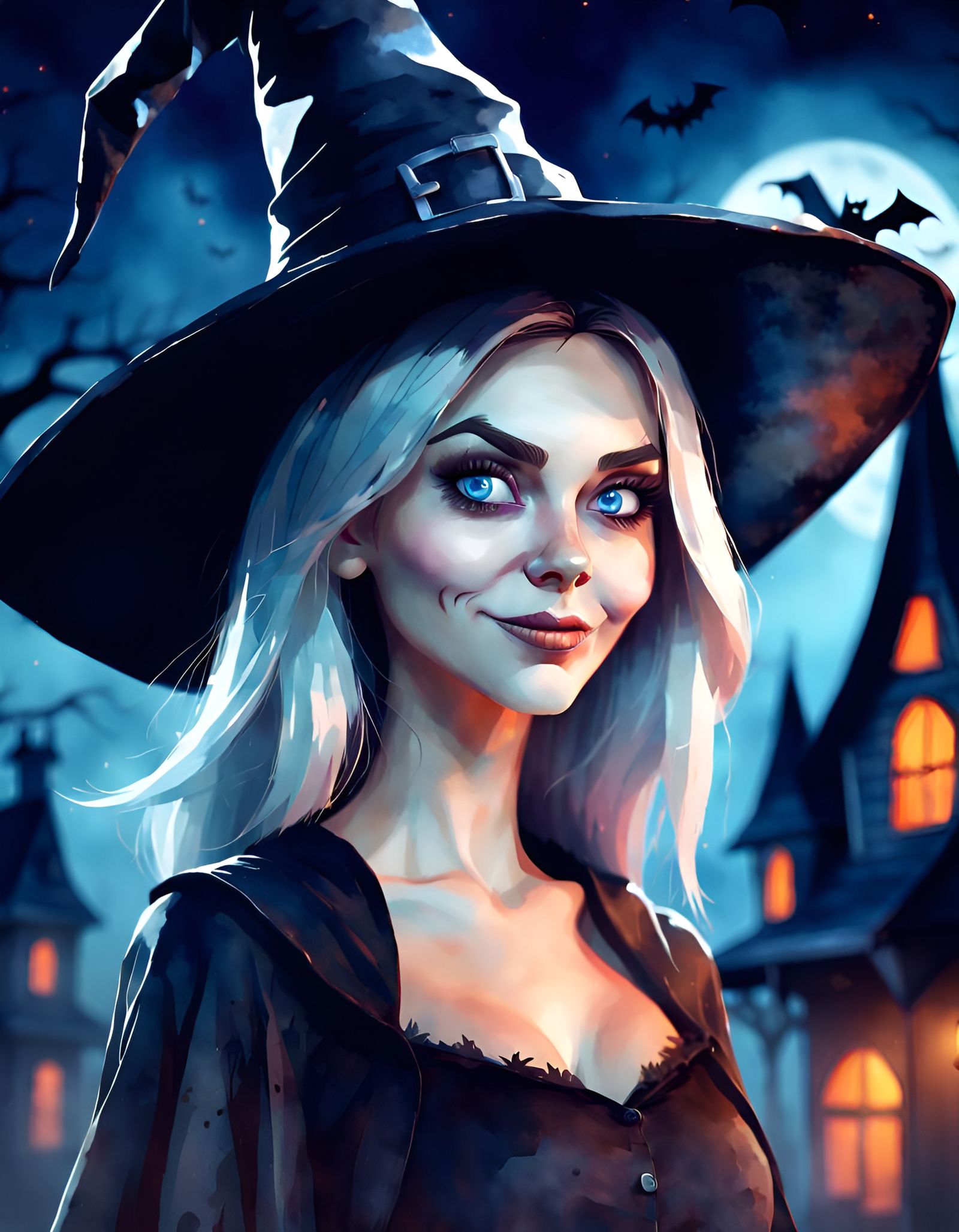 Halloween Witch in Watercolor Style with Haunted House