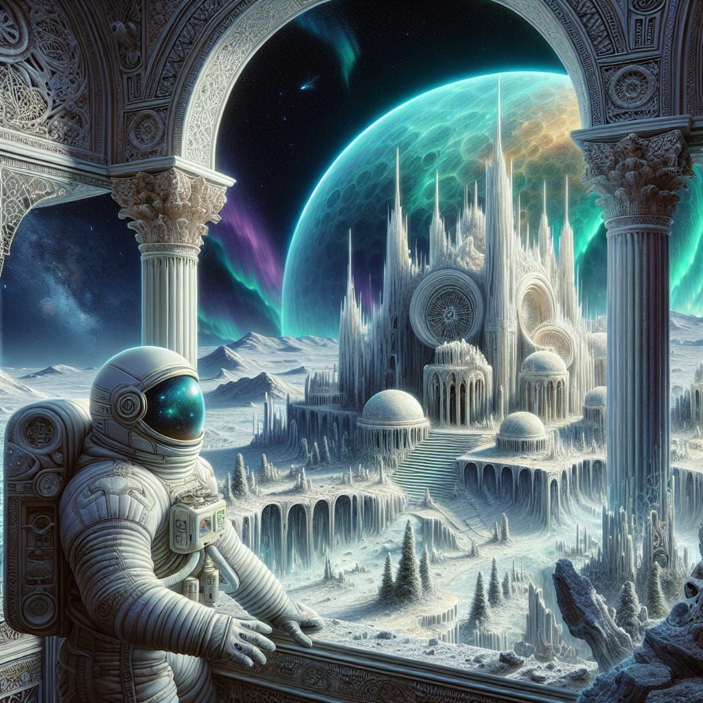 Neil Armstrong staring in shock at the decaying ruins crumbl...