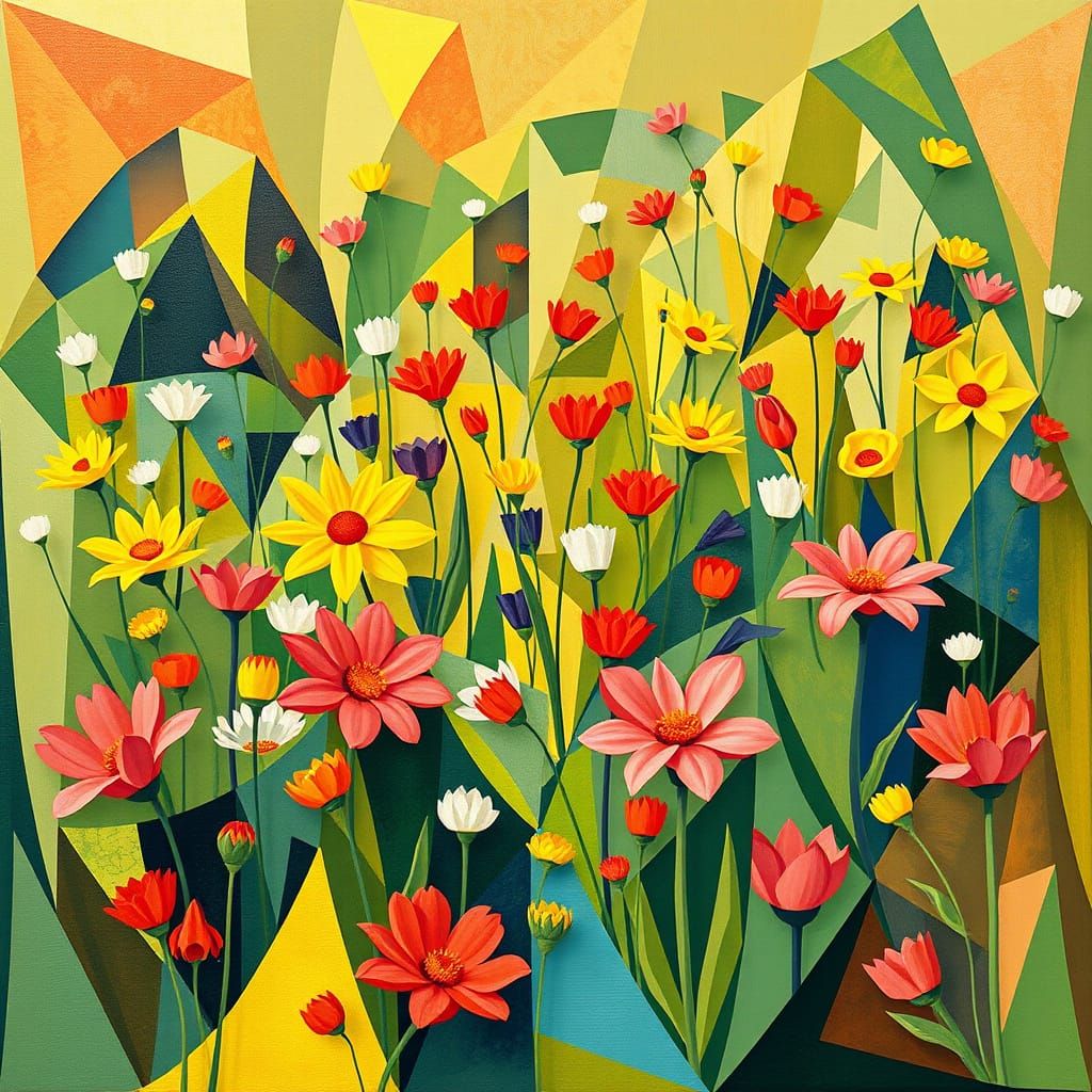 Vibrant Cubist Field in Angular Oil Painting