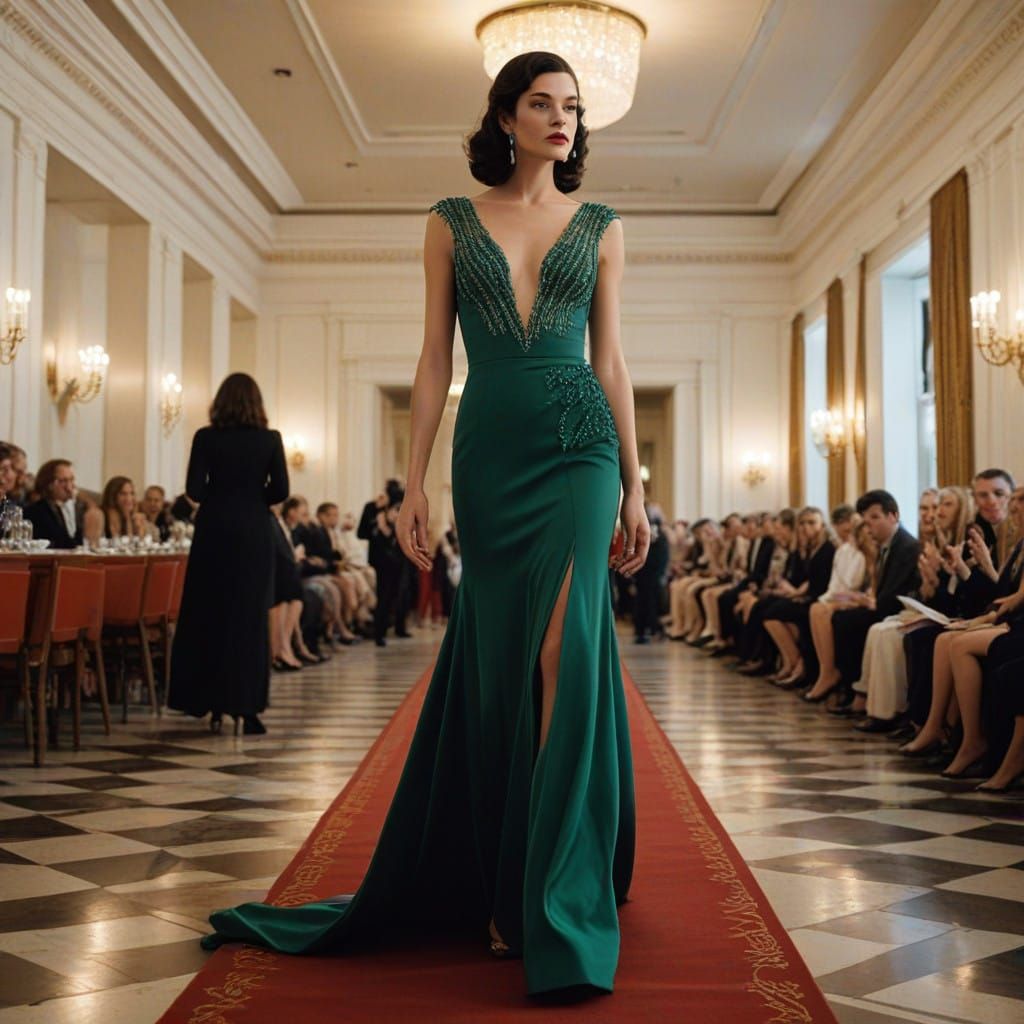 A stunning model strides down a pristine, illuminated white catwalk, her lithe, athletic frame draped in a resplendent, ...