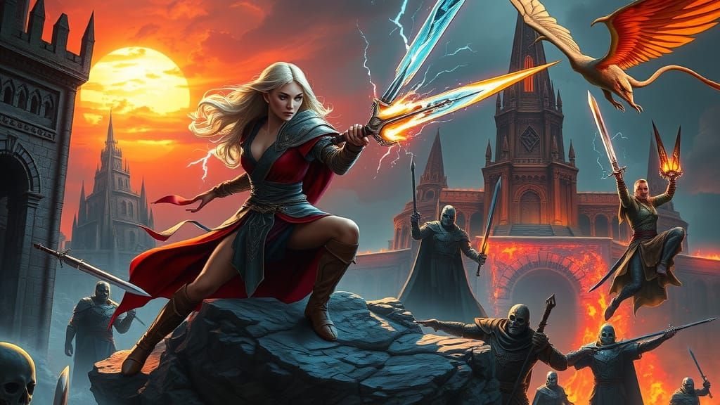 Elf Warrior Hurls Firebolts Amidst Epic Fantasy Battle
