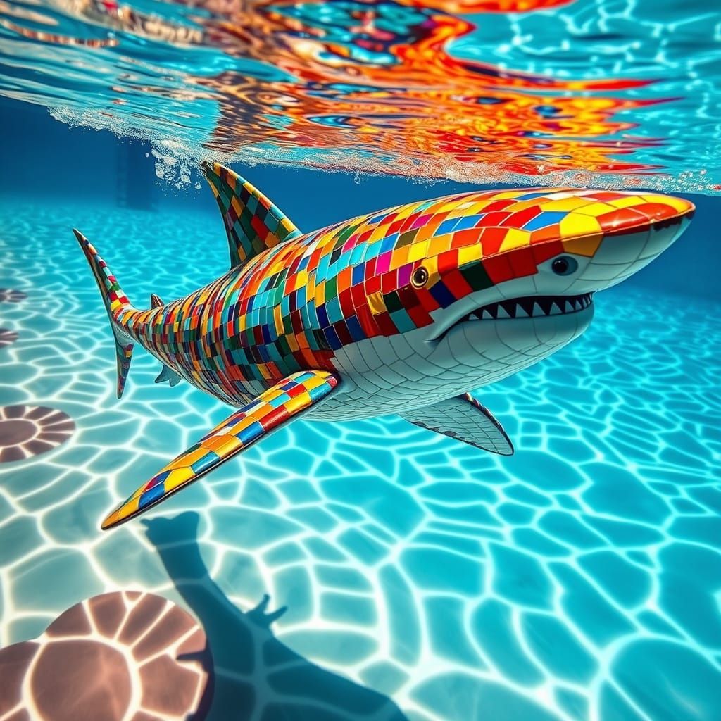 Mosaic Tile Shark Swimming in Public Pool