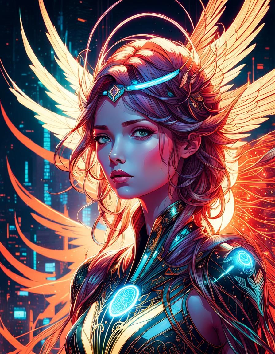 Neon Glowing Angel Portrait in Digital Painting Style