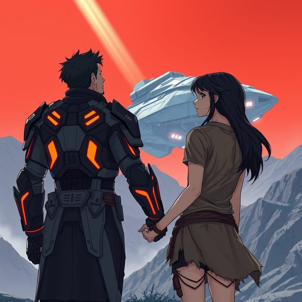 Couple Gazing at Descending Spaceship in Futuristic Landscap...