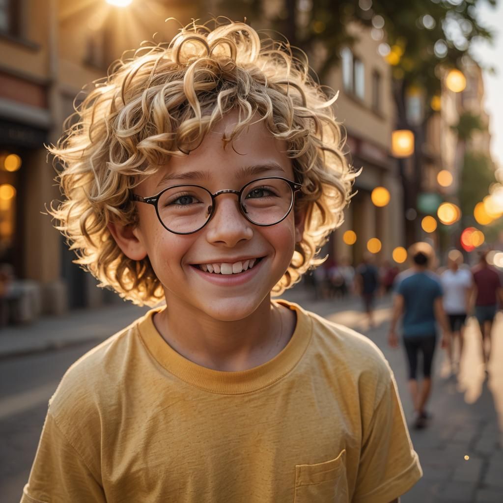 A brilliant young boy with short blond curly hair