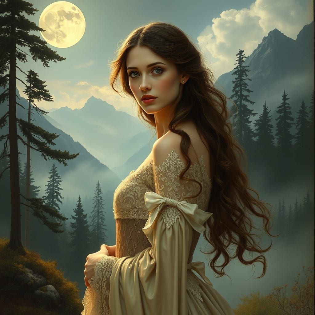 Mystical Woman in Moonlit Victorian Landscape