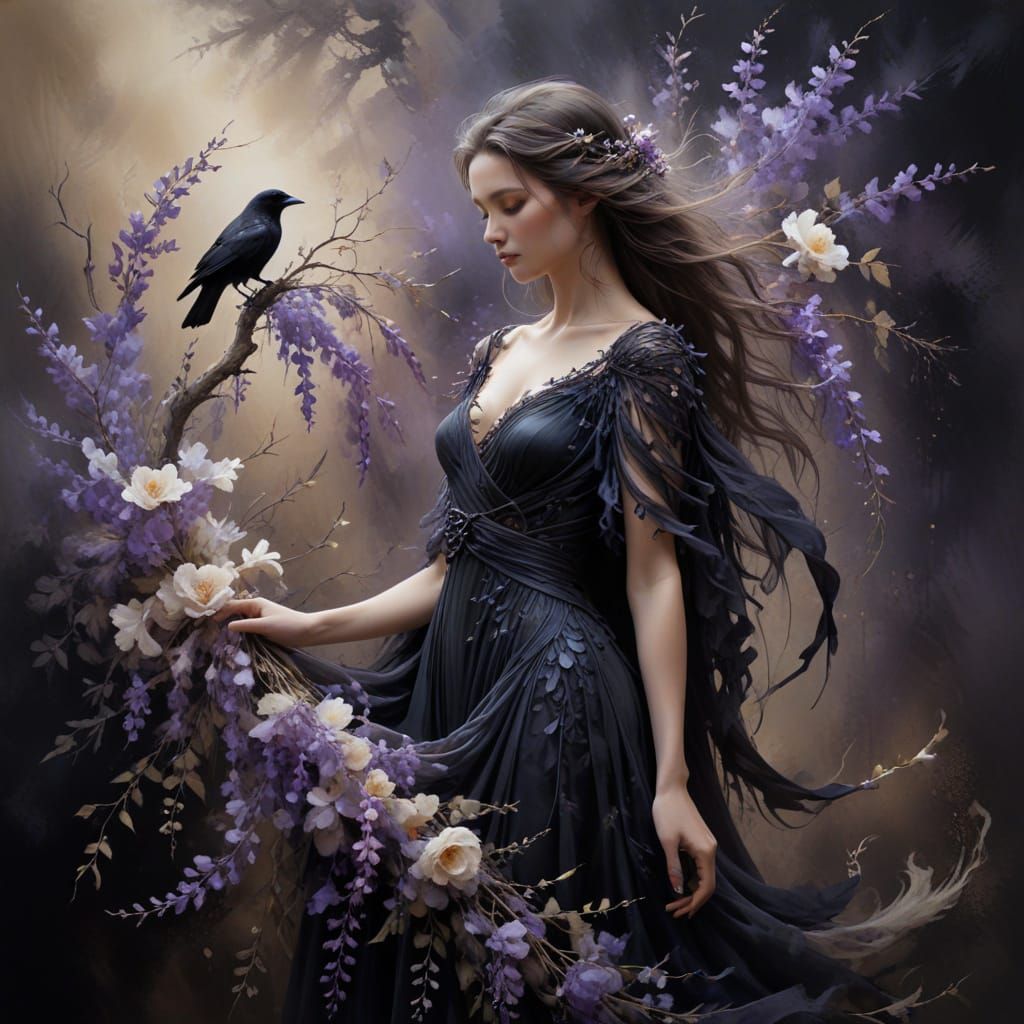 Raven Silhouette in Floral Gown: Lee Bogle Style