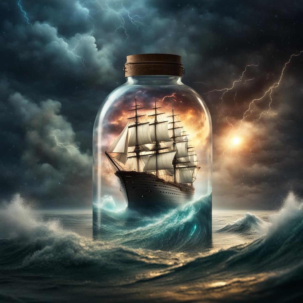 Ship in a Bottle Amidst Nebula Storm