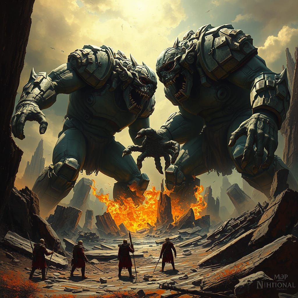 Epic Dark Fantasy Titans Clash in Ruins