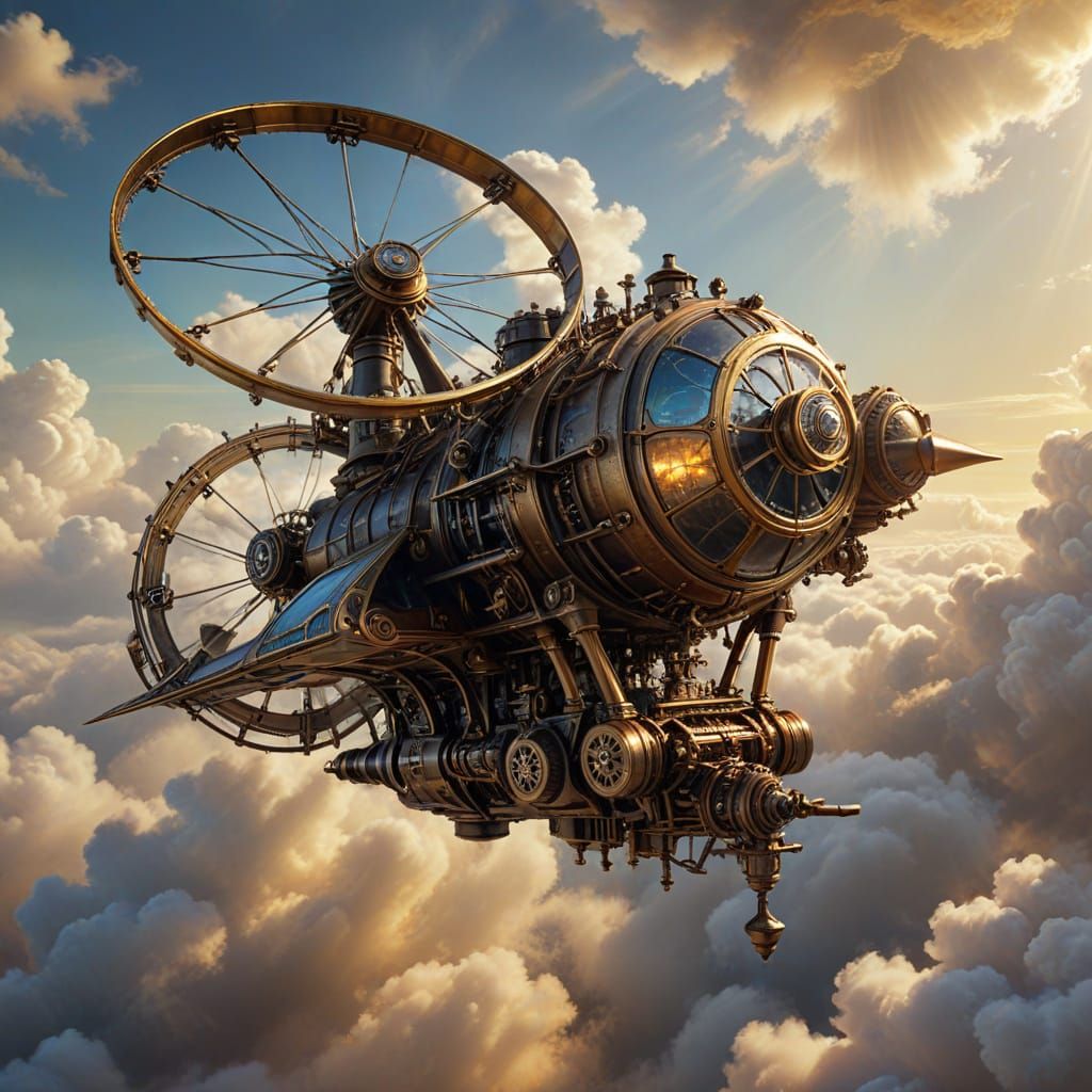 Steampunk Ornithopter Soars Through Iridescent Clouds