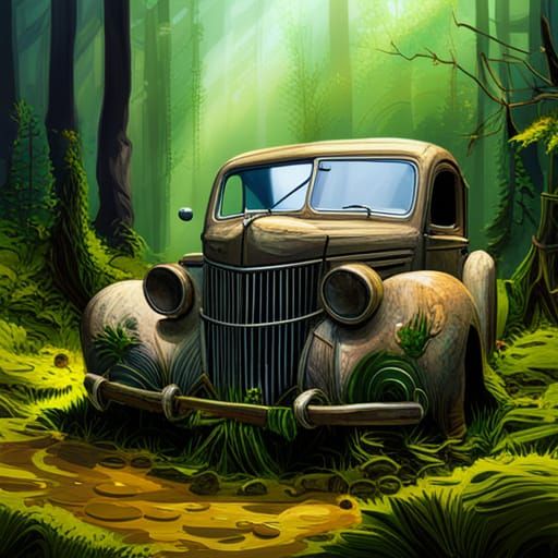 Moss-Covered Engine in Forest: Hyperrealistic Splash Art