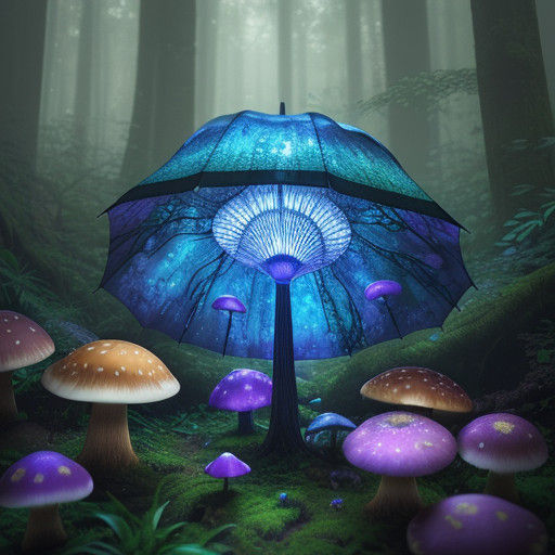 Mystical Umbrella Standing on Glowing Forest Floor
