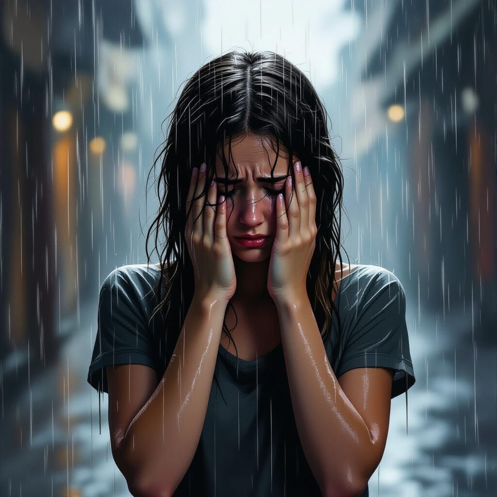 Teenage Girl Crying in Moody Downpour