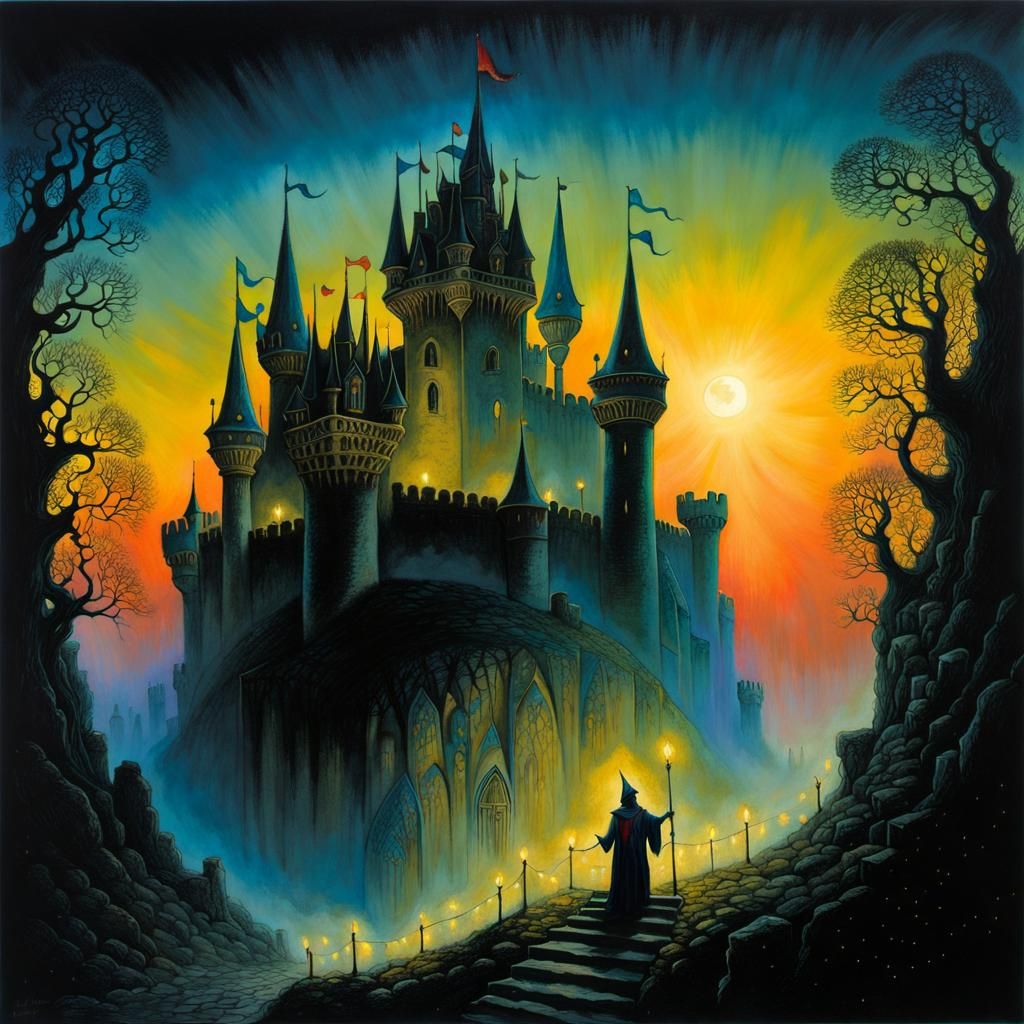 Surreal Castle with Jester in Gouache Style