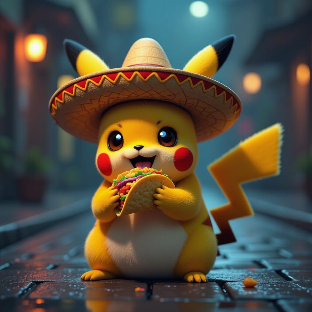 Pikachu Eats Taco in Sombrero: Hyperrealistic Art
