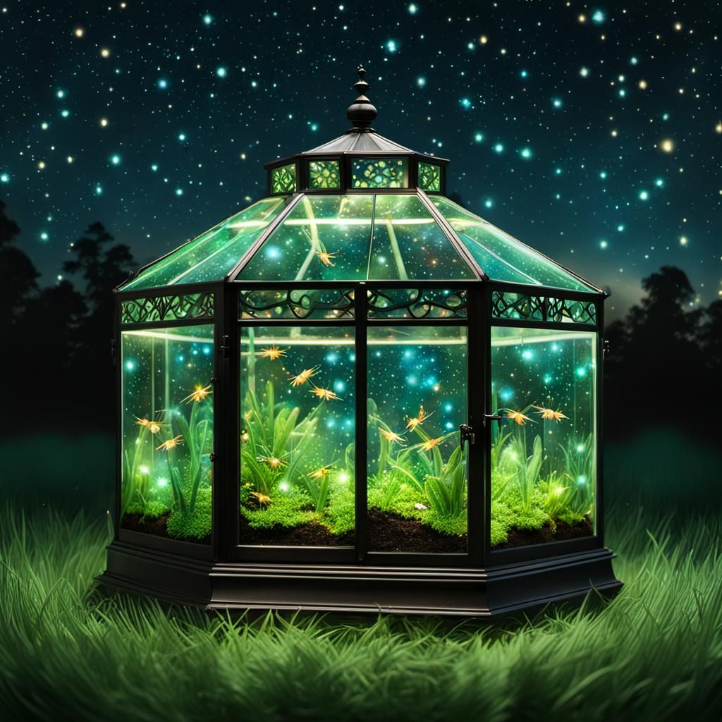 Firefly Terrarium in Ornate Greenhouse at Night