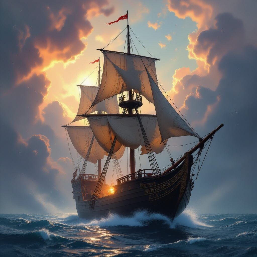 Cosmic Tall Ship Voyage Through Swirling Nebula