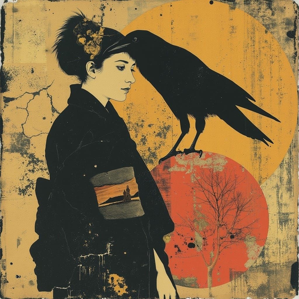 Ethereal Geisha Amidst Golden Smoke and Majestic Crows