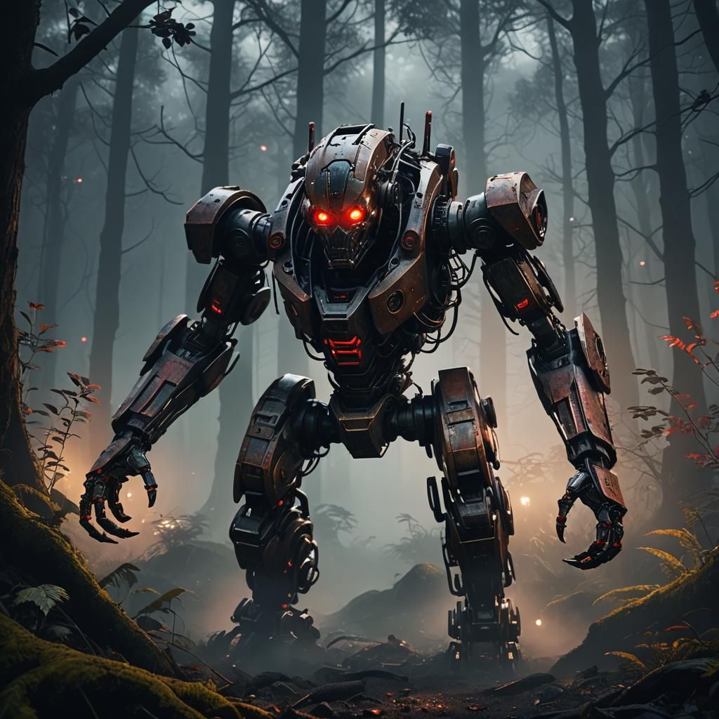 Sci-Fi Robot Monster in Dark Forest, Cinematic Lighting