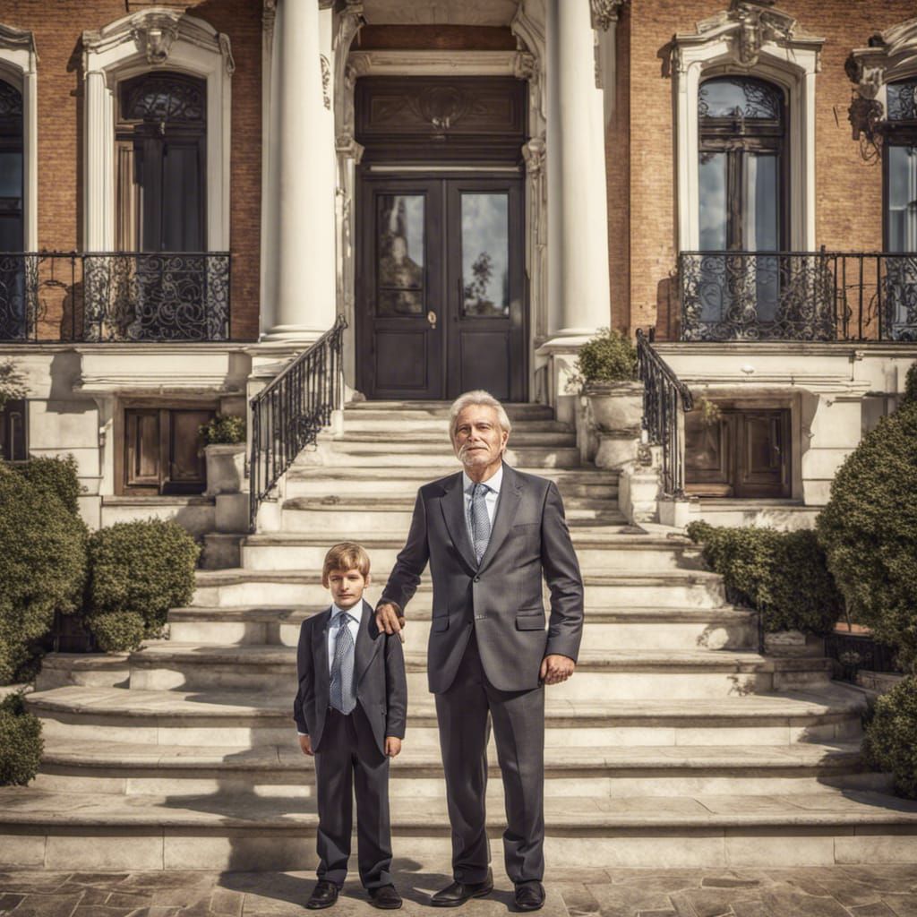 Rich Father and Son Portrait in Front of Townhouse