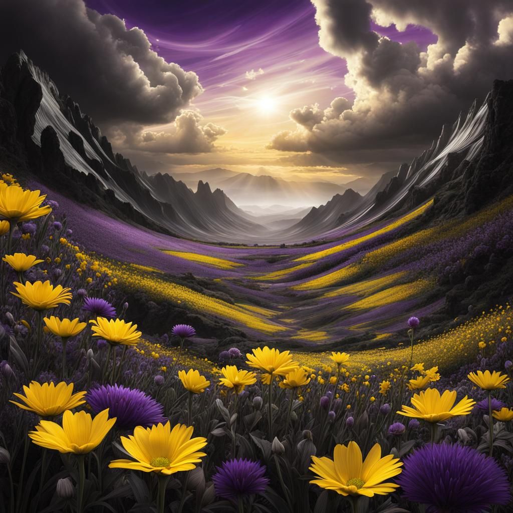 Surreal Valley with Colorful Flowers