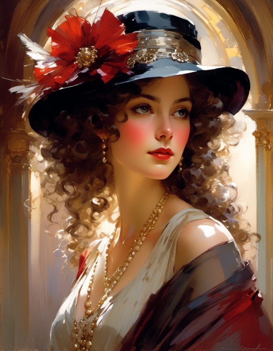 Victorian Flapper with Curly Hair in Dreamy Vignette