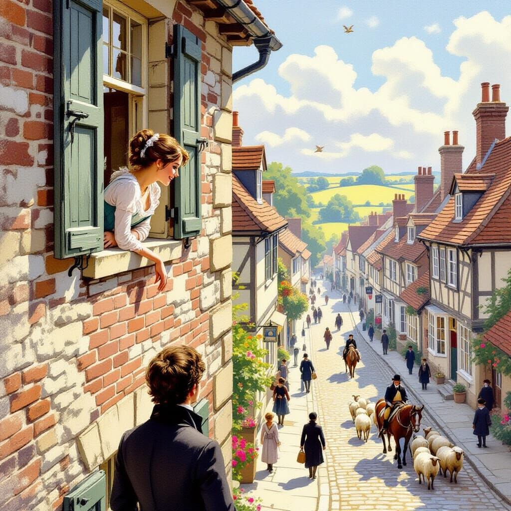 Regency Romance: Woman Gazes at Gentleman Below