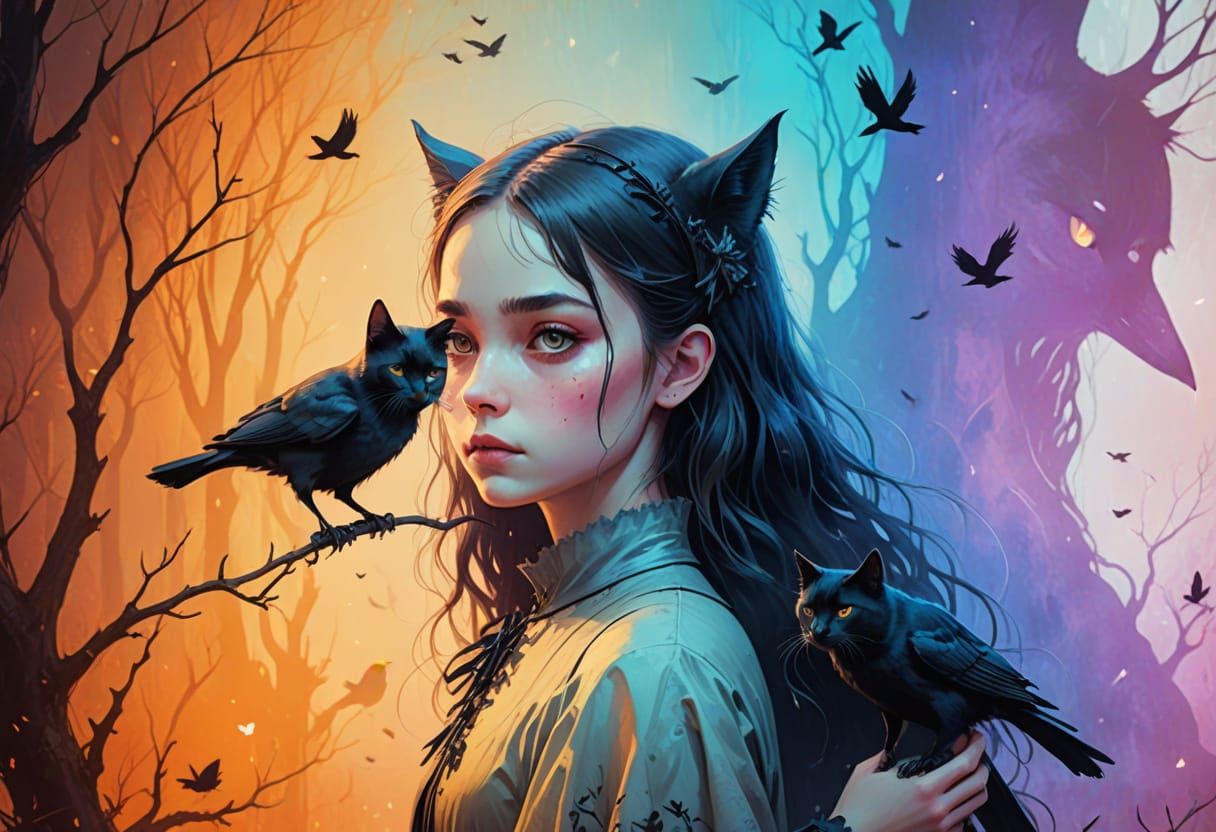 Innocent Girl with Black Cat and Crows in Gothic Fairytale S...