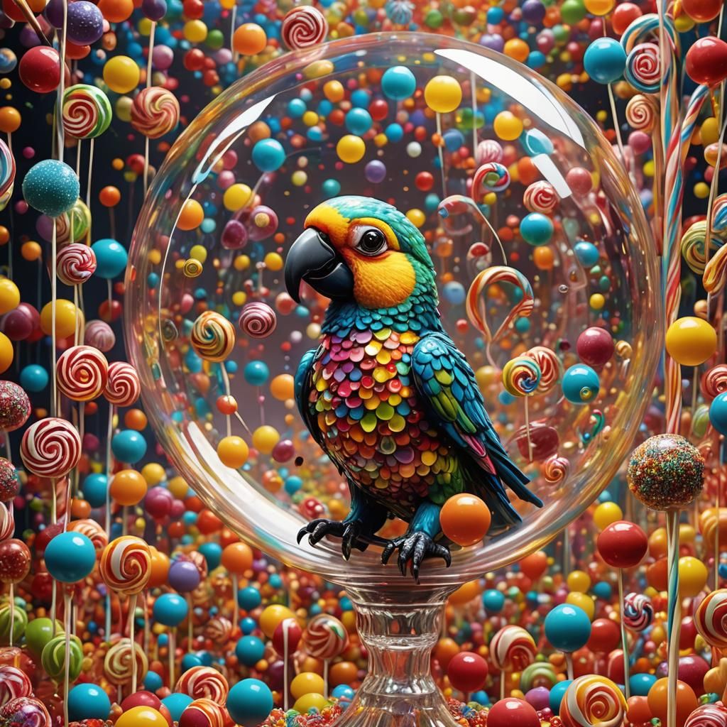 Glass Parrot in Candy Orb: Pop Surrealism