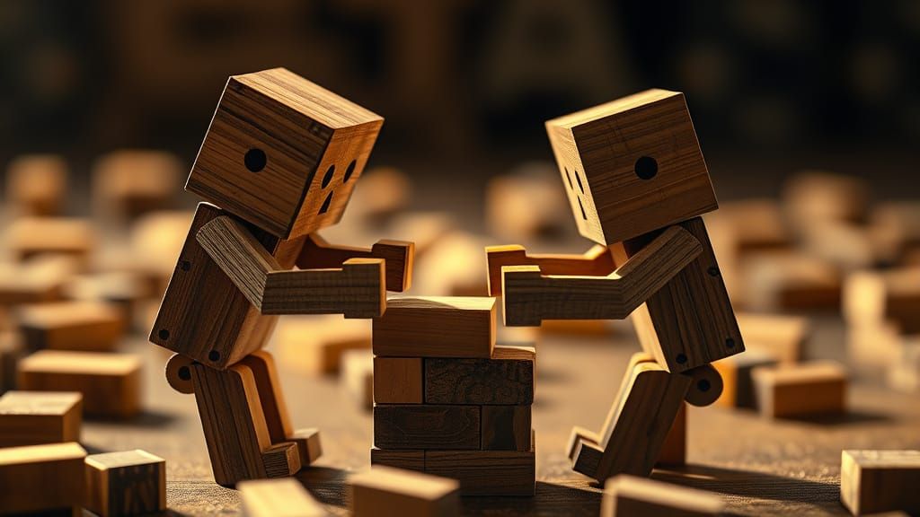Wooden Block Figures Play Jenga: Cinematic Film Still