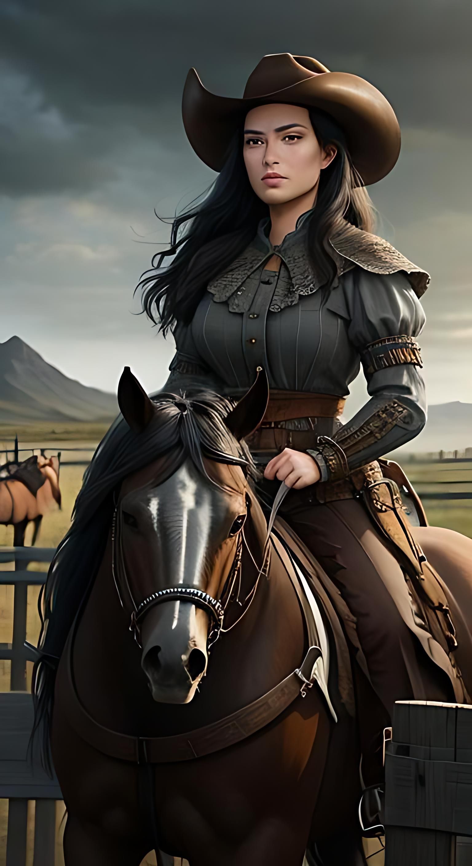 Chubby Cowgirl on Fence with Horses